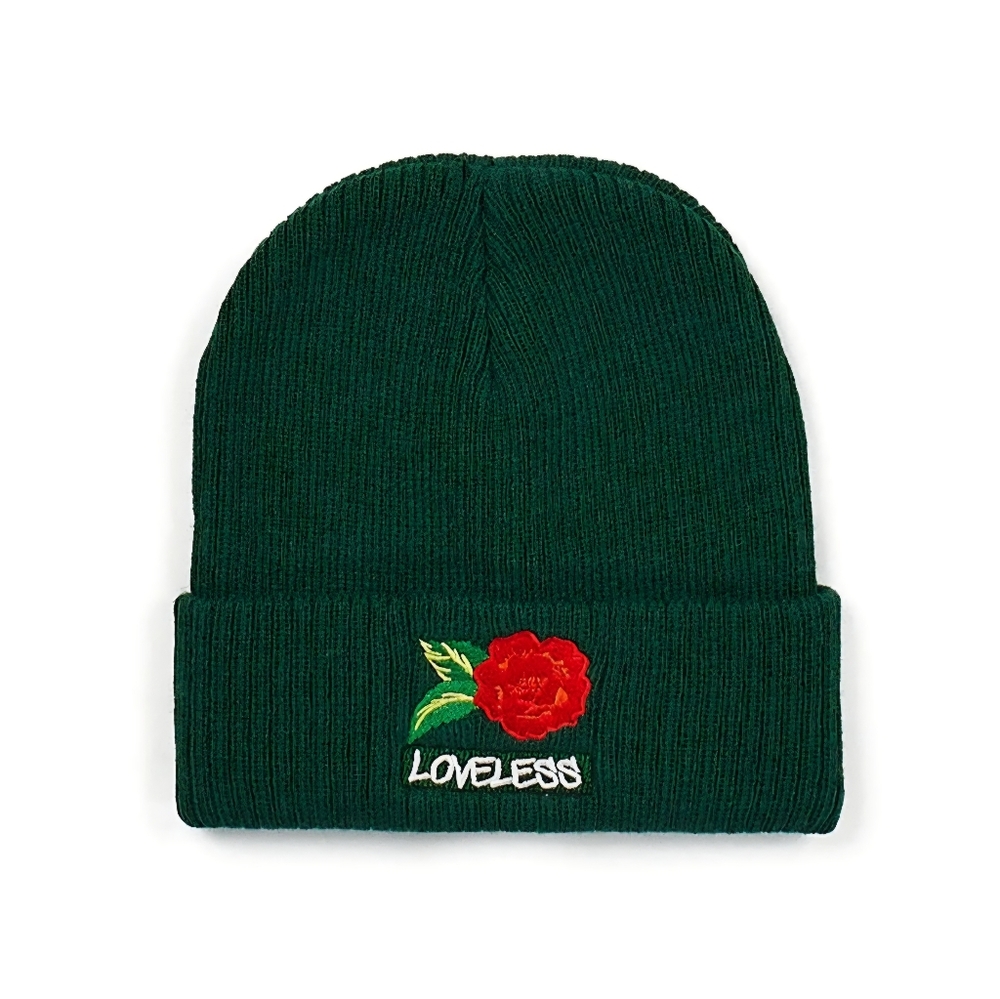 Reason Brand Loveless Green Beanie with Red Flower Embroidery OS NWT BA-2725